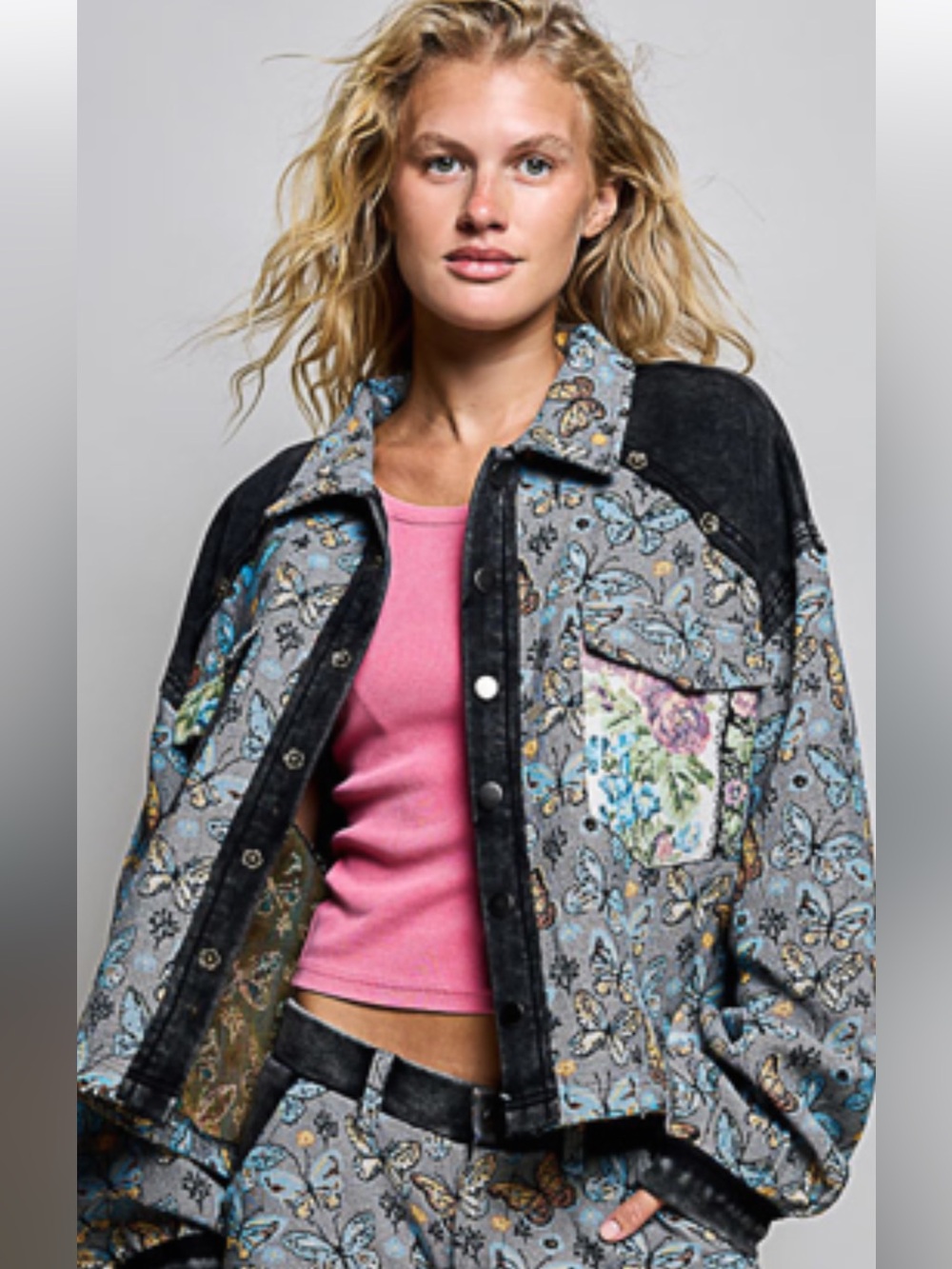 POL Floral Patchwork Quilted Jean Jacket in Gray, Black & Pink